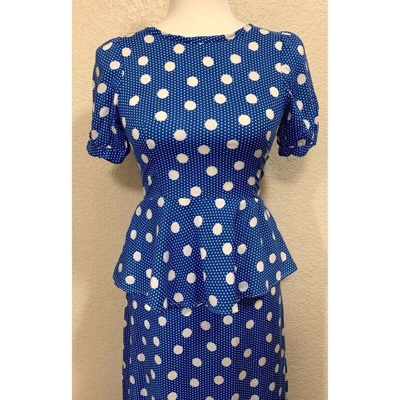 blue polka dot dress vintage Vintage 80s Polka Dot Midi Dress: Ruffled Navy Blue Cocktail Dress - M
