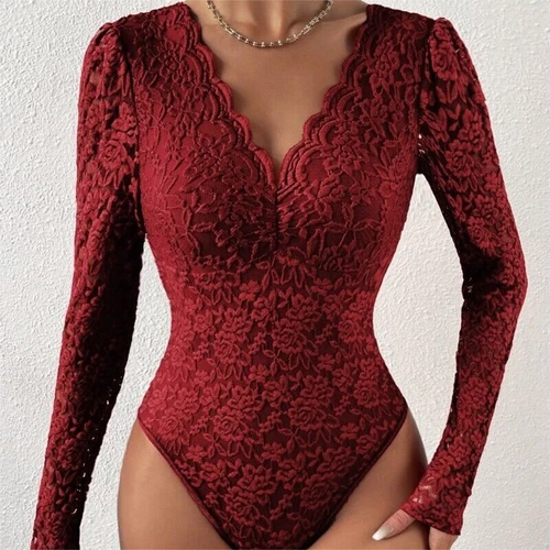 Sexy Langarm DAMEN BODY Spitzenbody Stringbody Bodysuit Dessous Unterwäsche Neu - Bild 12 von 15