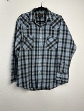 VINTAGE Plains Western Wear Men s Size L Shirt Adult Black Blue Plaid Pearl Snap
