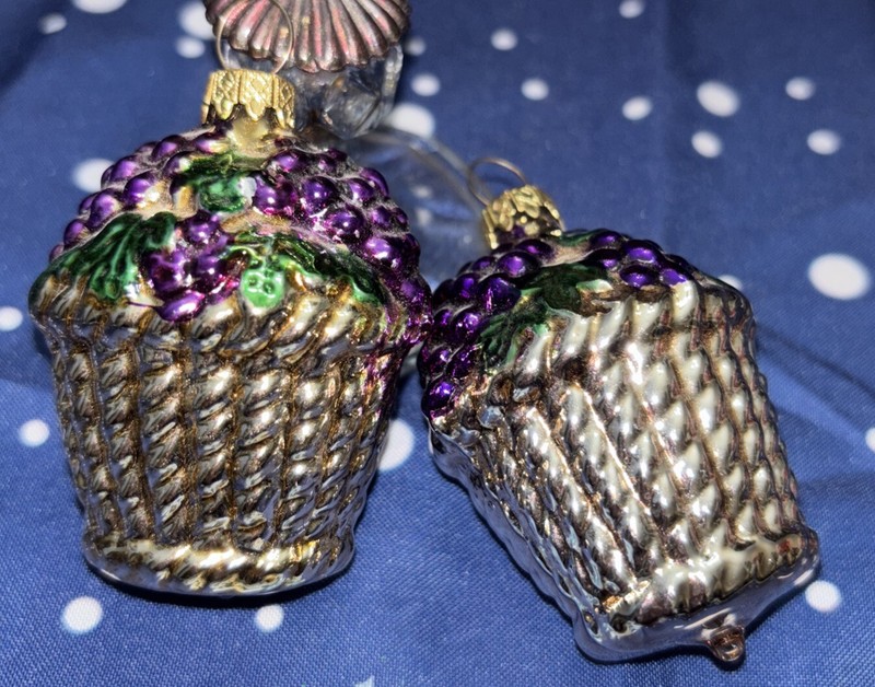Vintage Christmas Ornament Grapes In Basket Hand Blown Glass Germany