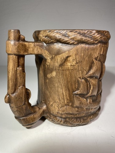 Pirate Ships & Gun Handle Coffee Mug 3D Raised Design 4-1/2" Tall Brown Ceramic - Picture 4 of 24