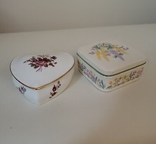 2 xDenby Rockingham Worcester China Floral Lidded Trinket Ring Box Porcelain Jar