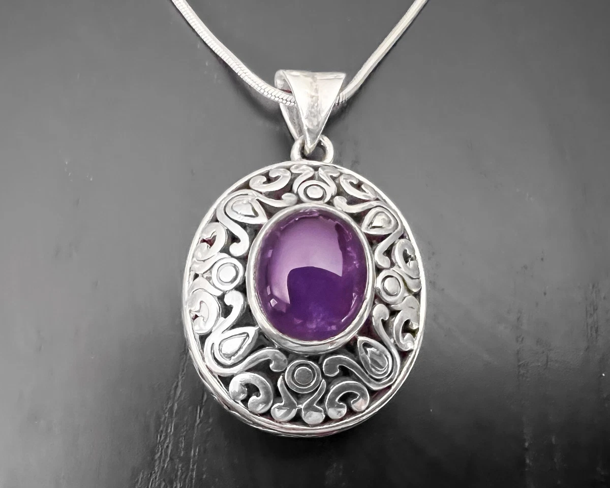 Vtg Unique Design Sterling Silver Filigree Ornate Oval Amethyst
