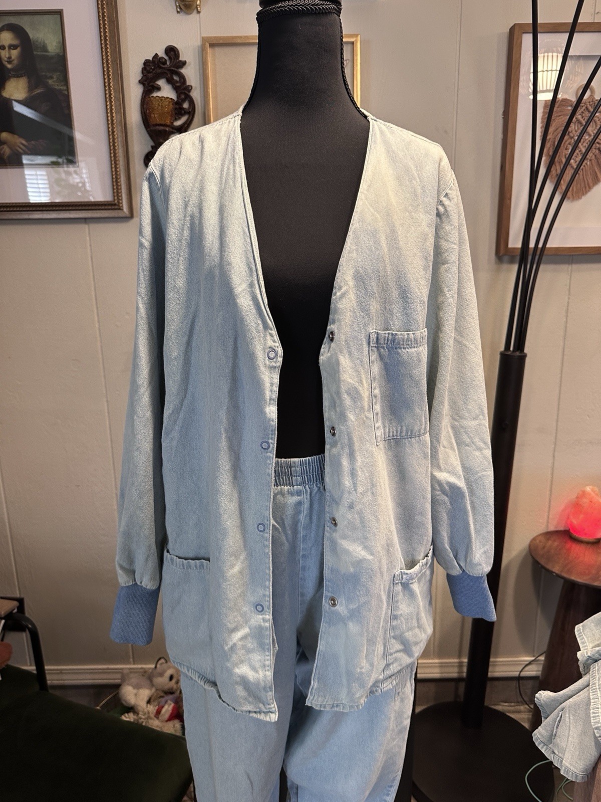 Vintage 3-Pc Cherokee Denim Blue Scrub Set Medium Pants Shirt & Lab Coat 90’s