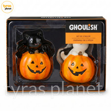 GHOULISH Halloween Set of 2 Decor Statues Bat Cat Ghost Pumpkin NEW