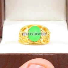 Jade Oval Cut With 925 Sterling Silver Gold Plated Ring For Men's #B179 #