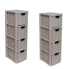 Set Of 2 Plastic Rattan Design Storage 4 Drawer Medium Modular Tower Mushroom