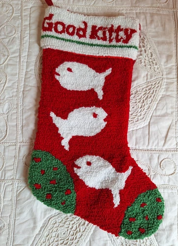 Handmade Cat Christmas Stocking GOOD KITTY Vintage Latch Hook Rug