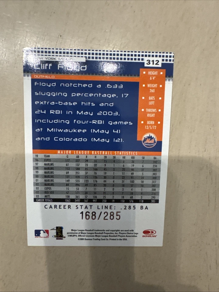2004 Donruss - Cliff Floyd #312 Career Stat Line /285 - Image 2 of 2
