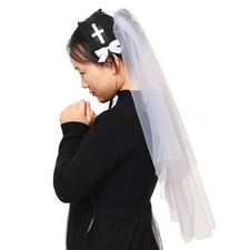 Women Gothic Cross Headband with Veil Halloween Nun Cosplay Head Covering Veil