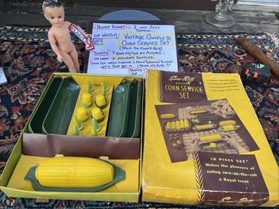 Vintage Serv-Rite Corn Dishes Skewers Complete Set for 4 w/Salt Pepper & Shakers