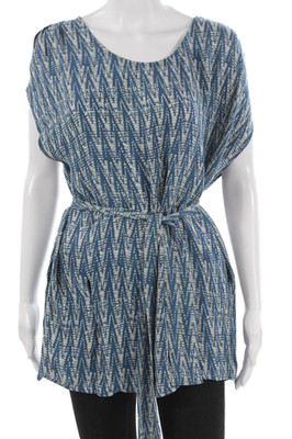 IRO Womens Tunic Blouse Blue Silk Geometric Round Neck Sleeveless Tie Size 1