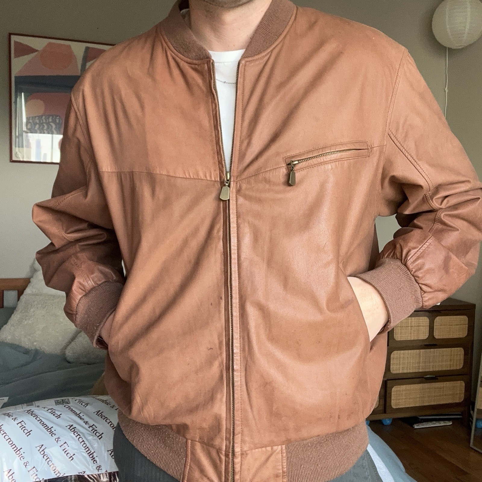 Men's Authentic Leather Bomber Jacket - Light Brown - Size 54 / XL image 2