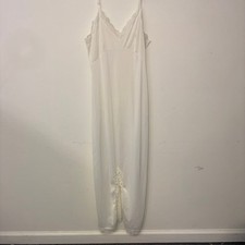 218 Full Slip Dress Womens 32 White Lace Trim V-Neck Front Slit Vintage