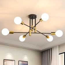 Sputnik Ceiling Light, 6 Lights E27 Vintage Black and Gold Flush Mount, Semi-Fl