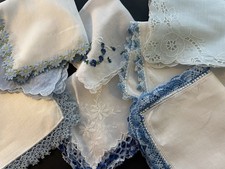A Vintage Lot 8 White Blue Hankies Handmade Crochet Tatted Lace Linen Cotton