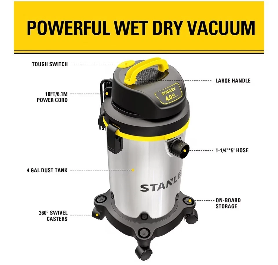 Aspiradora húmeda/seca Stanley SL18129, 4 galones, plateada+amarilla 4 caballos de fuerza, inoxidable Foto 4 de 4