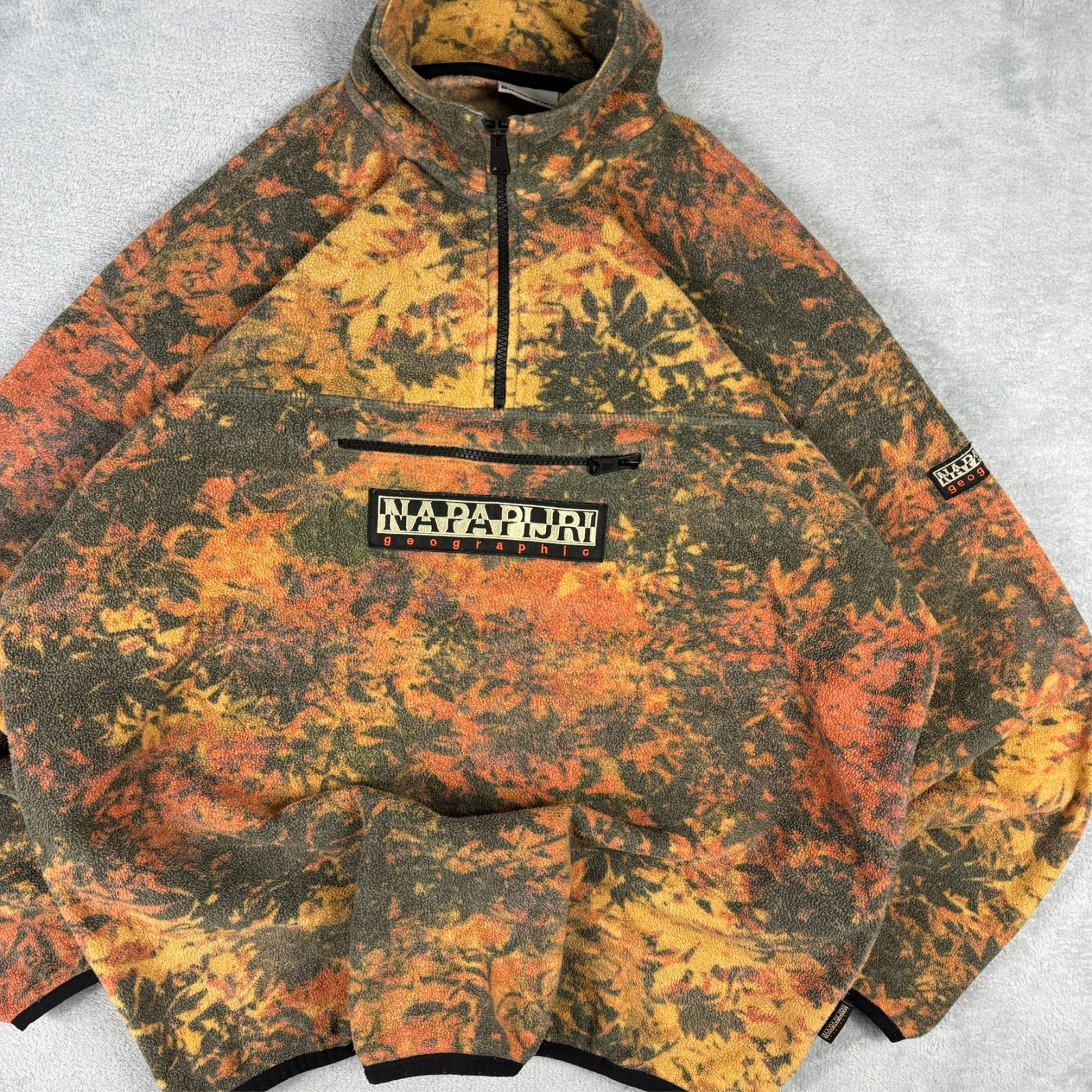 VTG Napapijri Carpino Orange Leaf Camo Oversized Med 1/4 Zip Pullover Sweatshirt image 4