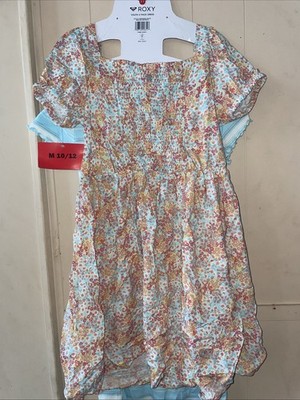 ROXY Youth Girls 2-Dress Set Size 10/12 M Pink Floral/ Blue White Stripes 