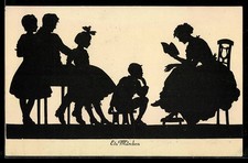 Kinder lauschen einem Märchen, Scherenschnitt, Ansichtskarte 