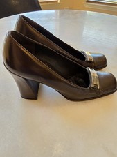 Prada vintage brown stacked heel pumps with prada logo buckle size 36.5