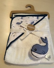 New Lila Jack 6 pc Blue White Nautical Hooded Towel Whale Sponge