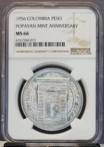 1956 COLOMBIA SILVER 1 PESO POPAYAN MINT ANNIVIVERSARY NGC MS 66 BRIGHT GEM BU