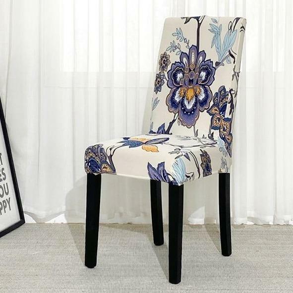Abstract Ivory Blue Floral Pattern Dining Chair Cover Slipcover