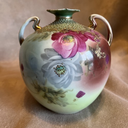 Antique Nippon Hand Painted 5” Vase Gold Beads, Gold Moriage, Roses & Floral