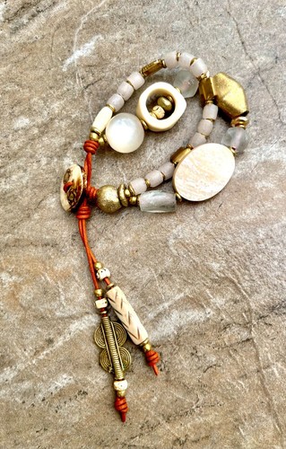 Bohemian Bracelet MOP, African Bone, Glass, Brass, and Vintage Resin Beads - Picture 13 of 15