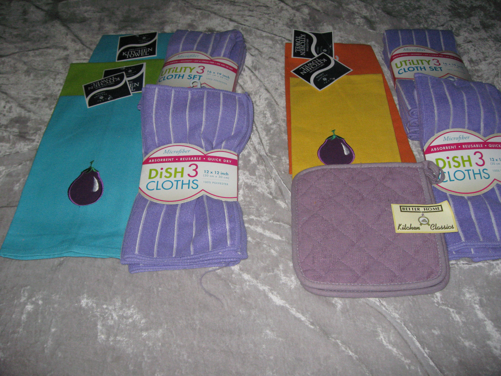 Purple Eggplant Kitchen Towels Dishcloths Utility Wash Dry Clean NEW