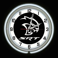 19" Dodge SRT Hellcat Sign Double White Neon Clock Charger Challenger 707 HP