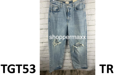 Women Mid-Rise 90's Baggy Jeans- Universal Thread, Medium Wash Destroy, 10 Short