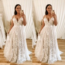 Bohemian Beach Wedding Dresses with Straps Deep V Neck Lace Appliques Bridal