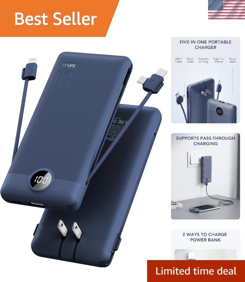 10000mAh USB-C Power Bank with Built-in Cables & AC Wall Plug  -image