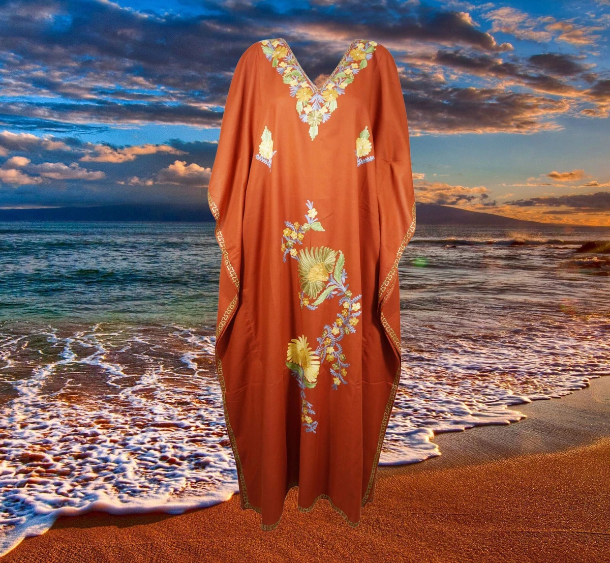 Embroidered top cotton kaftan