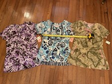 Koi ScrubTops 3 Floral Map Print Tops - Purple/Aqua/ Olive. Fitted. NWT. S