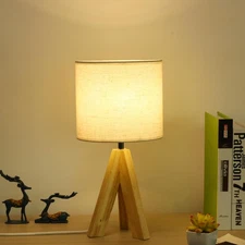 Modern Small Tripod Table Lamp with Wooden Base, White Fabric Shade, Bedside ...