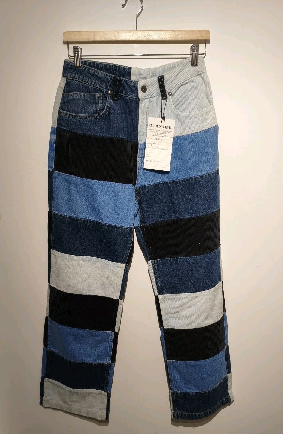 Jean Ragged Priest 28W Denim & Cord Patchwork Mamá Tonos Azules Muestra Nuevo con Etiquetas
