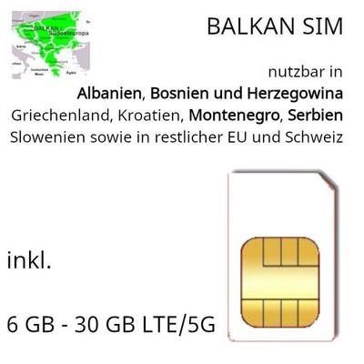 BALKAN* SIM (7 Länder) und 6 GB -20 GB LTE/5G nach Wahl ab Wunschtermin Camper