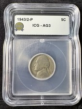 1943/2 P Overdate Silver Jefferson Nickel War-Time 5c Key Variety ICG - AG3
