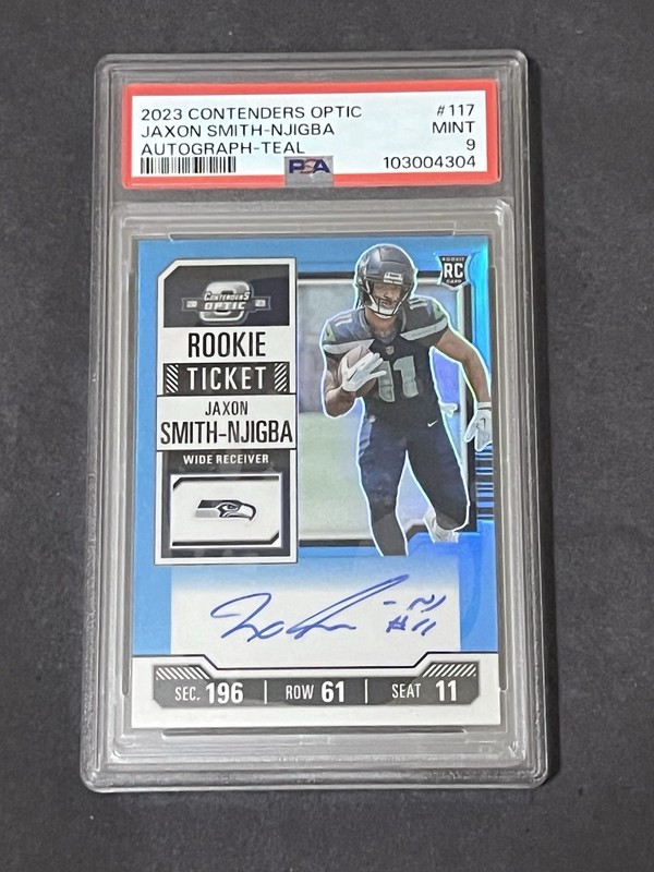 2023 Panini Contenders Optic Jaxon Smith-Njigba Teal Prizm /99 Rookie Auto PSA 9