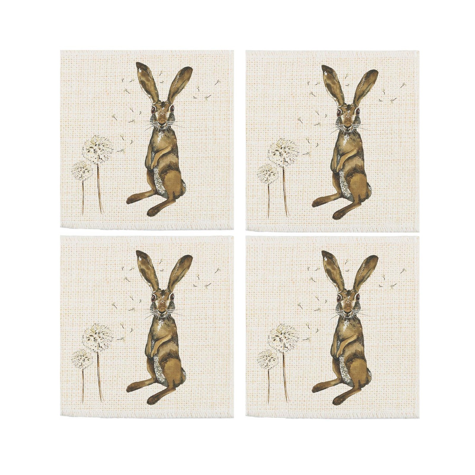 Hares Fabric Coaster Set - Wildlife & Dandelions Square Coaster Gift