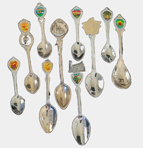 Lot of 9-10 Vintage Souvenir Collectible Spoons, Silver Metal Novelty