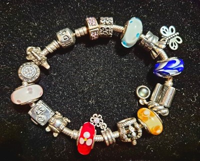 Pandora 7 5/8'' Sterling Silver Bracelet w 17 Fancy ALE Charms Incl 5 Murano Chms