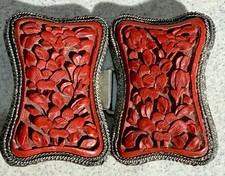 Antique Chinese Carved Cinnabar Belt Buckle Late 1800's Silver Filigree Back LS