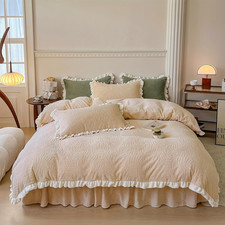 Milky Velvet Ruffled Duvet Cover Set - Soft Beige Queen Bedding for All Seasons