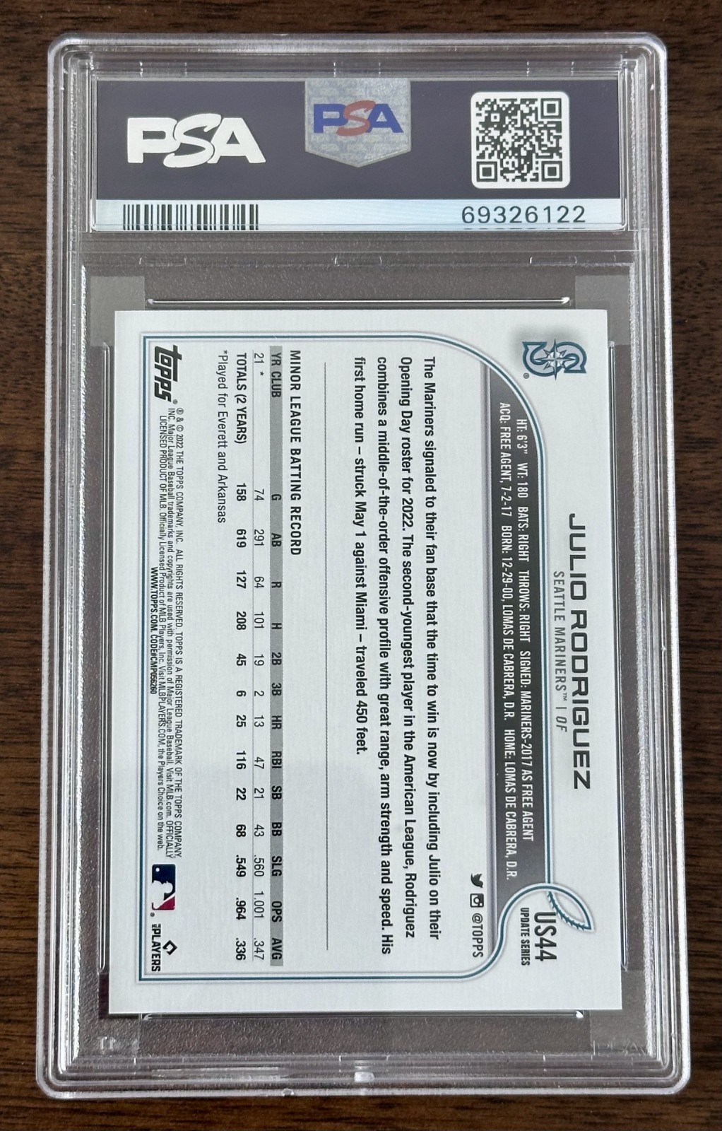 2022 Topps Update JULIO RODRIGUEZ Image Variation SSP Rookie #US44 PSA 9 view 2