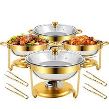 4 PCS 6QT Round Chafing Dish Buffet Set Food Warmer Chafer w/Glass Lid Gold Leg