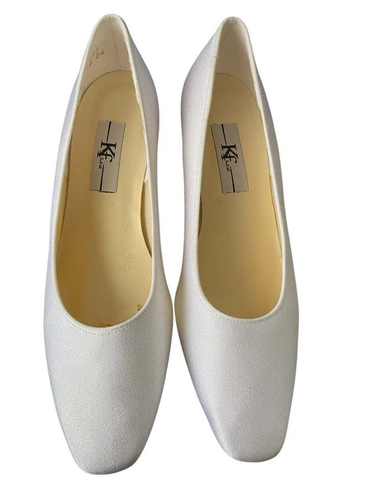 Kf Ltd White Satin Wedding Shoes 2" Kitten Heel Pumps Size 9.5W - Image 3 of 4